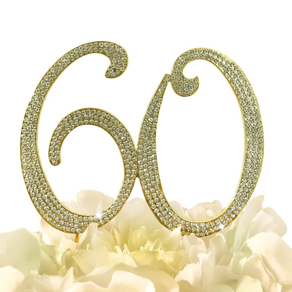 Rhinestone Cake Topper - Number 60 - Gold Metal with Czech Rhinestones